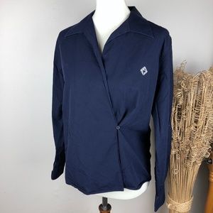 RALPH LAUREN Embroidered Logo Wrap Collared Shirt Navy Blue Medium Petite